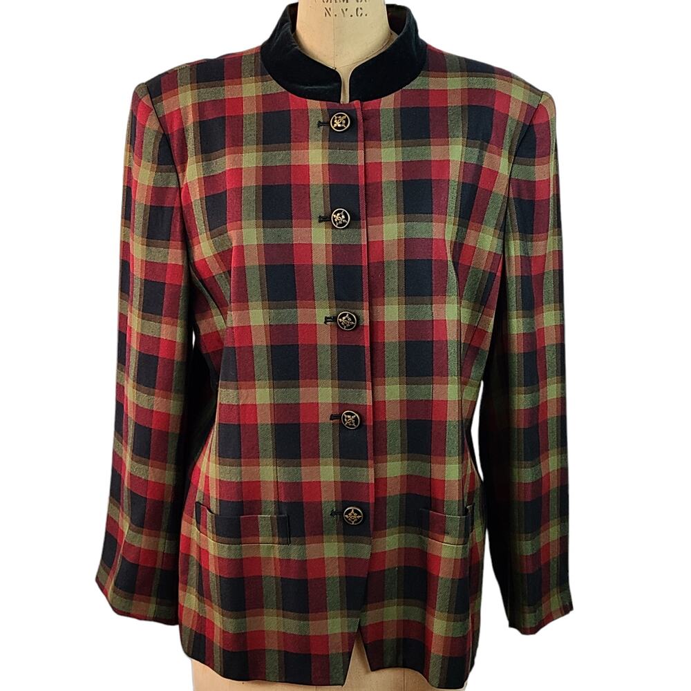 Vintage oversized shoulder pads red green black plaid blazer size 16